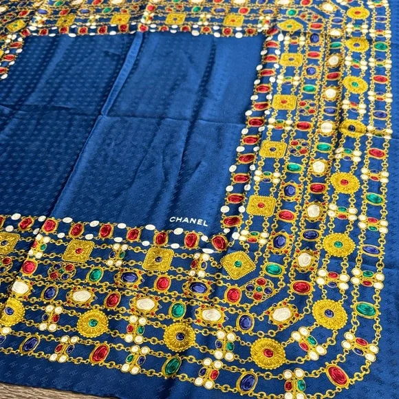Authentic CHANEL Blue Scarf with Gold and Red Accents